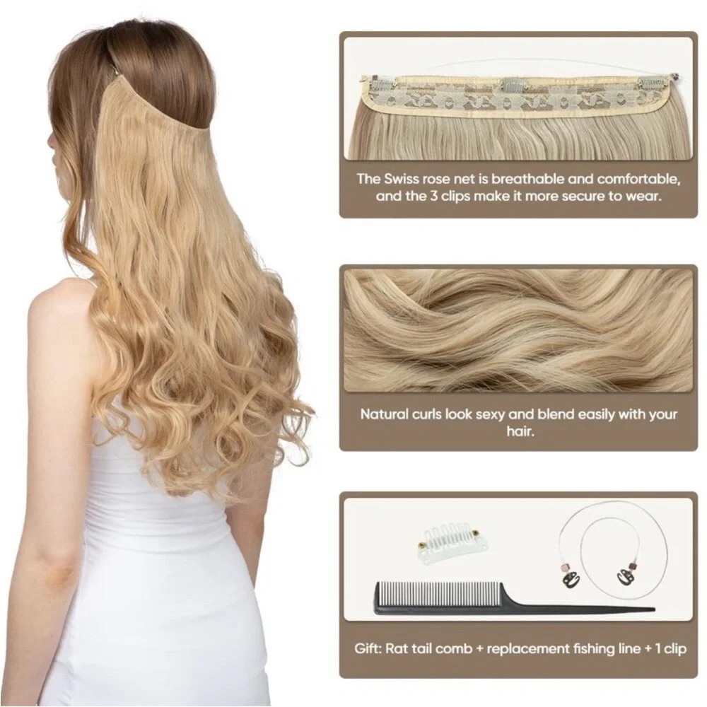 Invisible Wire Hair Extensions with 3 Clips Long Synthetic Wavy Curly Hairpiece